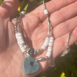 ❤️❤️ 2-Strand Liquid Silver Necklace Heishi Beads and Flat Green Stone Pendant